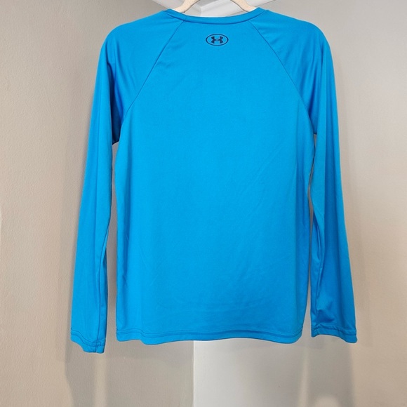 Under Armour Shirt Big Logo Long Sleeve shirt Blue YLG Boys Large HeatGear UA - Picture 3 of 4